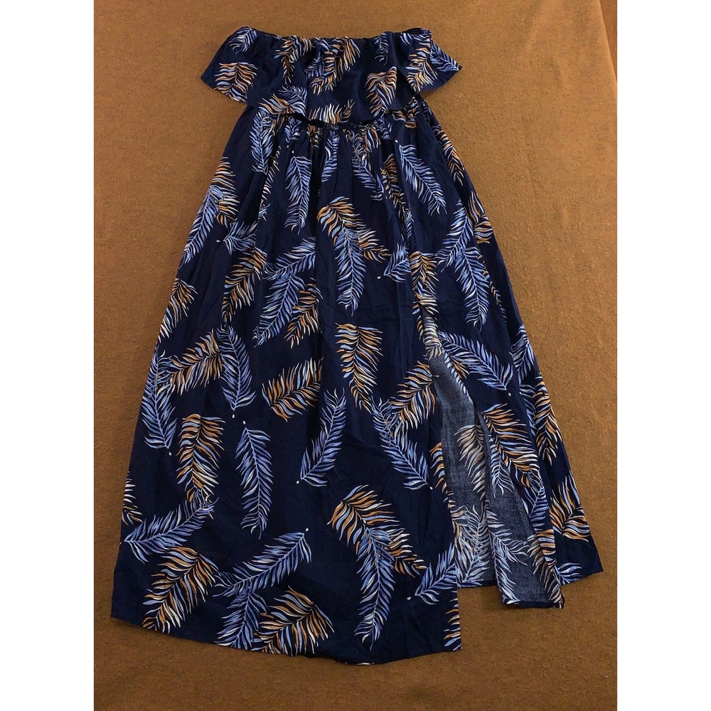 Cupshe Womens Large Navy Tropical Palm Leaf Off Shoulder Ruffle Maxi Dress New